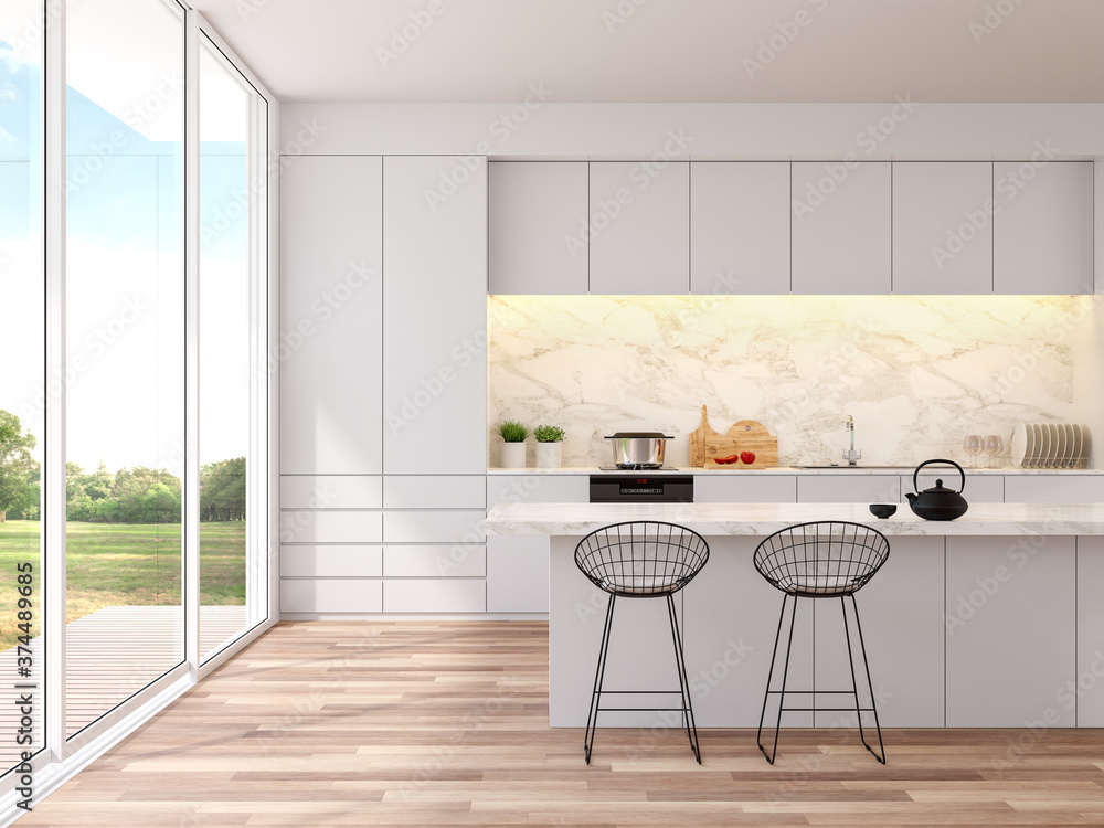 Modern white kitchen with nature view 3D render, the room has a wooden ...