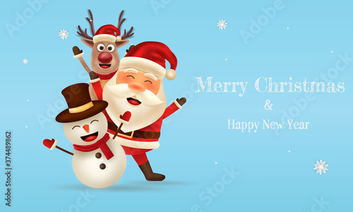 Merry Christmas and happy new year. Christmas greeting card with cute Santa Claus, reindeer and snowman. 
Vector illustration template.