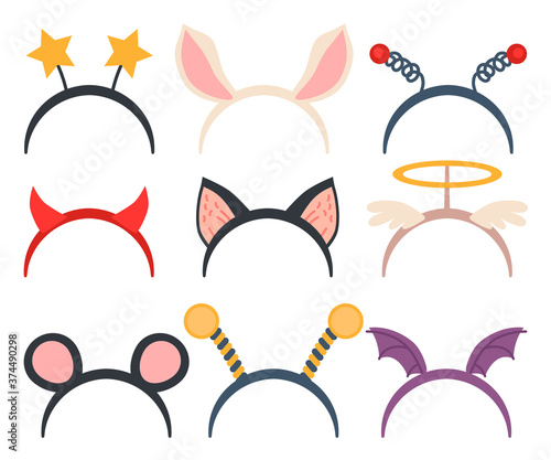 Masquerade head decor and mask set. Vector illustration. Cartoon headbands isolated on white. Face masking for halloween or Xmas party. Collection of animal costume element