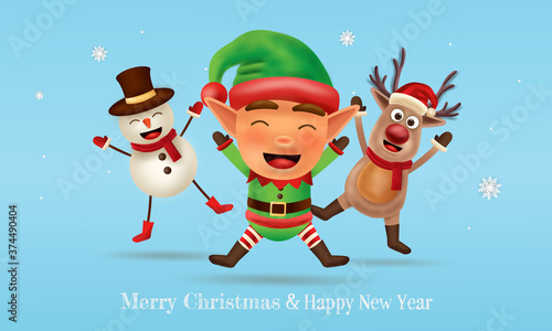 Merry Christmas and happy new year. Christmas greeting card with cute Little elf, reindeer and snowman. 
Vector illustration template.
