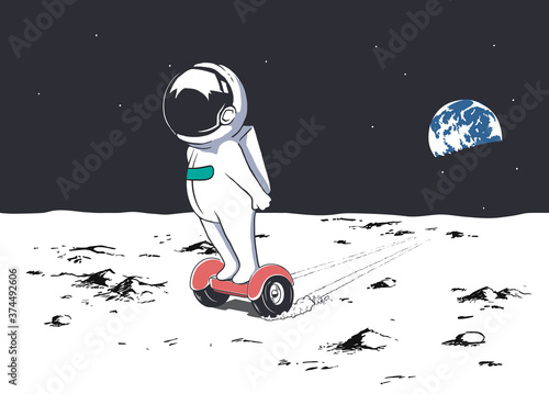 Astronaut rides on gyro scooter