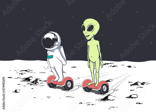 Astronaut and alien rides on gyro scooter
