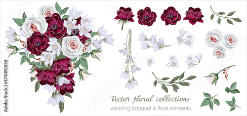 Vector floral set with leaves and flowers. Elements for your compositions, greeting cards or wedding invitations. Purple anemones and white roses