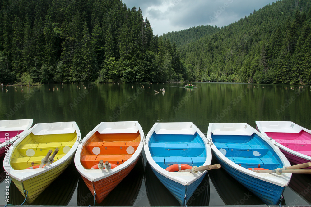 Colorful boats staying on the lake and moutains and forest behind