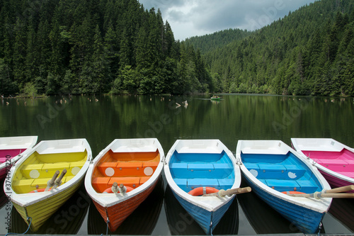 Colorful boats staying on the lake and moutains and forest behind