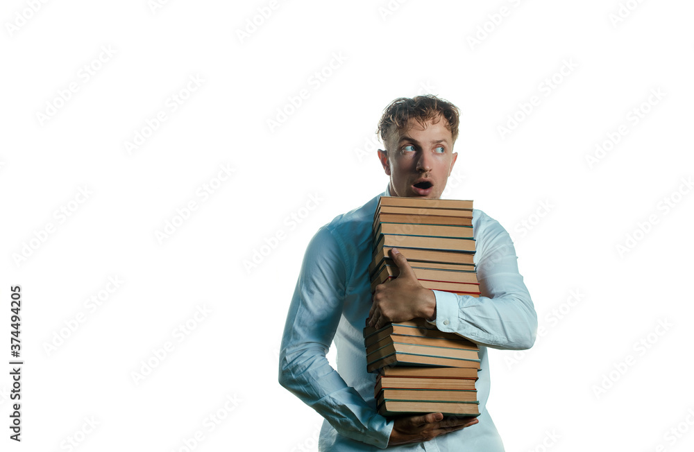Portrait of good-looking, a-student. Man books. White background. Male. Portrait of good-looking, a-student. Man books. White background. Male.
