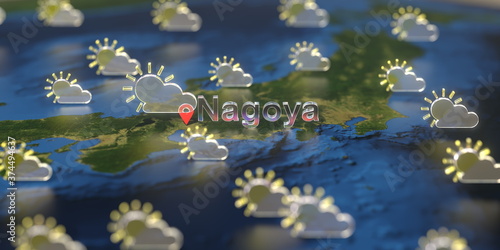 Partly cloudy weather icons near Nagoya city on the map, weather forecast related 3D rendering