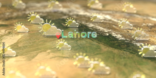 Partly cloudy weather icons near Lahore city on the map, weather forecast related 3D rendering © Alexey Novikov