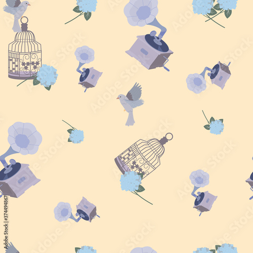 Seamless, vintage vector illustration with a gramophone, flowers, cage with a bird.