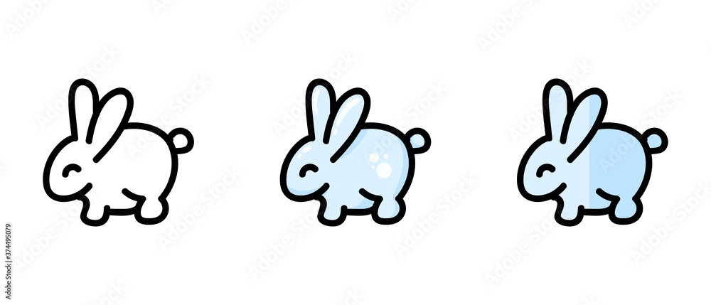 This is a set of icons with a different style of bunny. Outline and colored symbols of a rabbit. Freehand drawing. Stylish solution for a website.