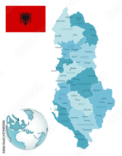 Albania administrative blue-green map with country flag and location on a globe.