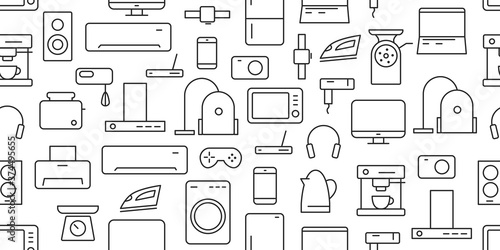 Stock vector seamless pattern of linear icons of electronic equipment and kitchen household electronics and gadgets, white and black