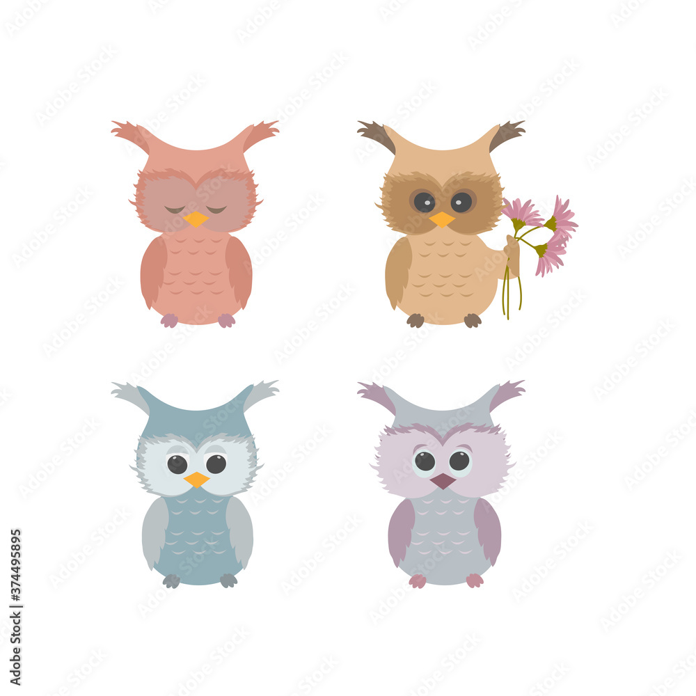 Naklejka premium Vector illustration of a set of baby cute owls