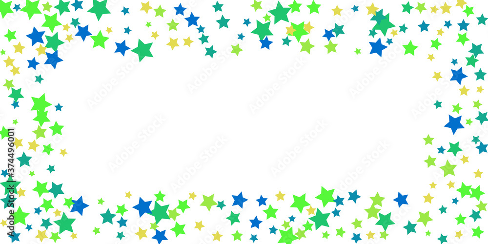 Shooting stars confetti. Blue, green, yellow, shades of blue, green stars. Festive background. Abstract texture on a white background. Design element. Vector illustration, eps 10.