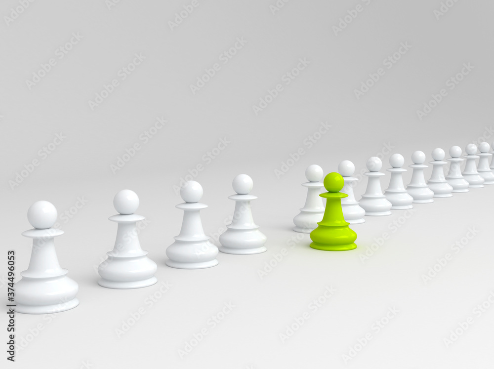 Leadership success, and teamwork concept, green chess pawn standing out from the crowd of whites. 3d render Leadership success, and teamwork concept, green chess pawn standing out from the crowd of whites. 3d render
