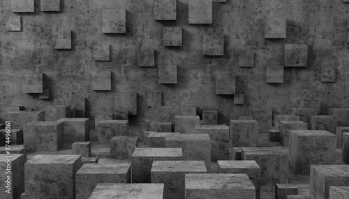 Abstract concrete 3d interior with grunge decoration cubes on the wall © Jezper