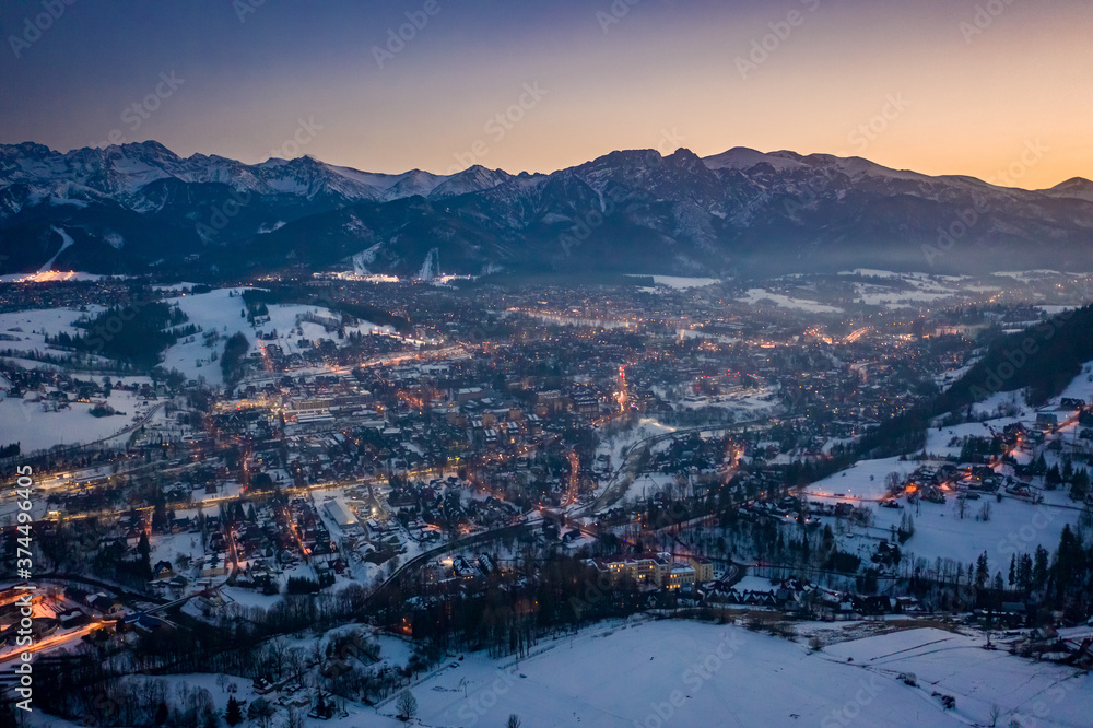 Stunning illuminated Zakopane in winter, Tatra mountains