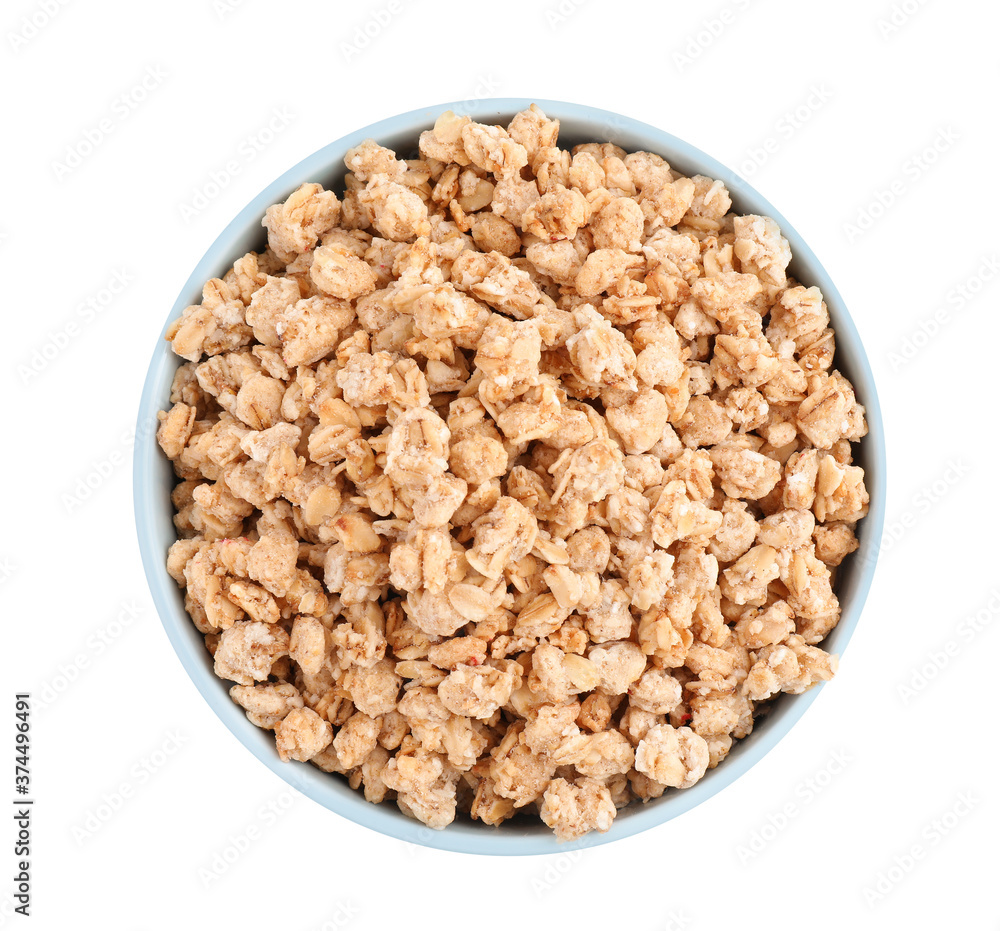 Tasty crispy granola in bowl isolated on white, top view Tasty crispy granola in bowl isolated on white, top view