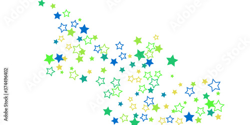 Shooting stars confetti. Blue, green, yellow, shades of blue, green stars. Festive background. Abstract texture on a white background. Design element. Vector illustration, eps 10.
