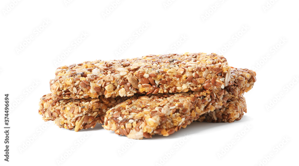 Crunchy granola bars on white background. Healthy snack Crunchy granola bars on white background. Healthy snack