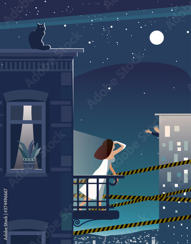 Woman on a balcony is looking at the man in a building across who is waving to her. Warning tape between them. A concept of long distance relationship when the borders are closed during a confinement 