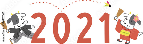 2021年モチーフ（羽根つきをする着物姿の牛）