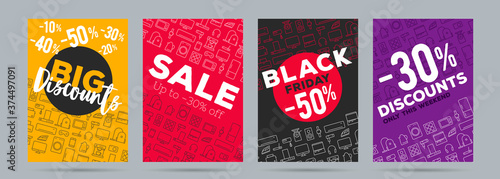 Set of promo posters for electronics shop, black friday sale with discounts on home, kitchen and smart electronics and gadjets with discount