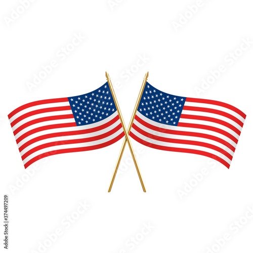 American crossed flags waving left and right with gold wand. Patriotic national symbol of USA.
