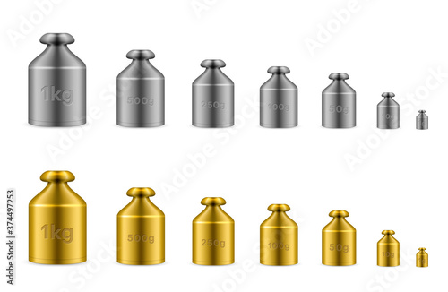 Calibration weights golden, silver range for beam balances. Measuring metal equipment.