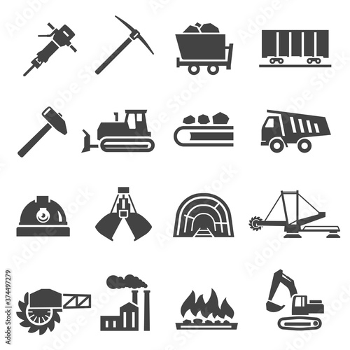 Coal industry, mine bold black silhouette icons set isolated on white. Excavator, hammer, pickaxe.