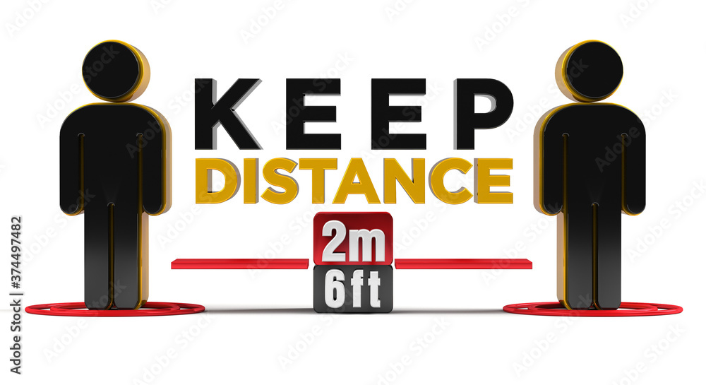 Keep Distance 2m-6ft Policy Sign. 3D rendering. Keep Distance 2m-6ft Policy Sign. 3D rendering.