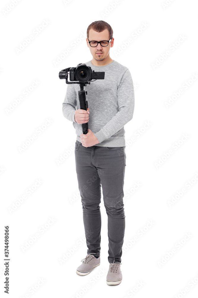 full length portrait of professional videographer holding dslr camera on 3-axis gimbal isolated on white full length portrait of professional videographer holding dslr camera on 3-axis gimbal isolated on white