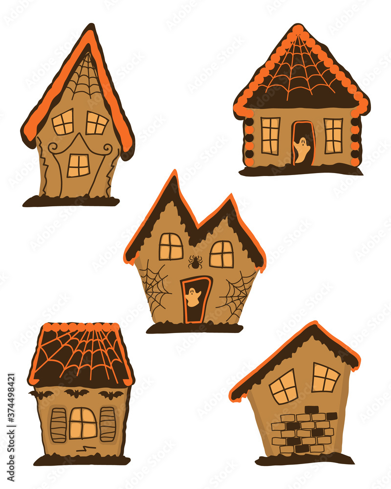 Set of halloween gingerbread houses. Holiday halloween's cookies. Vector illustration