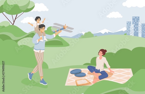 Happy family spending time together at summer picnic vector flat illustration. Smiling young mother father and child playing outdoor in the park near the city. Family weekend, summer holidays concept.