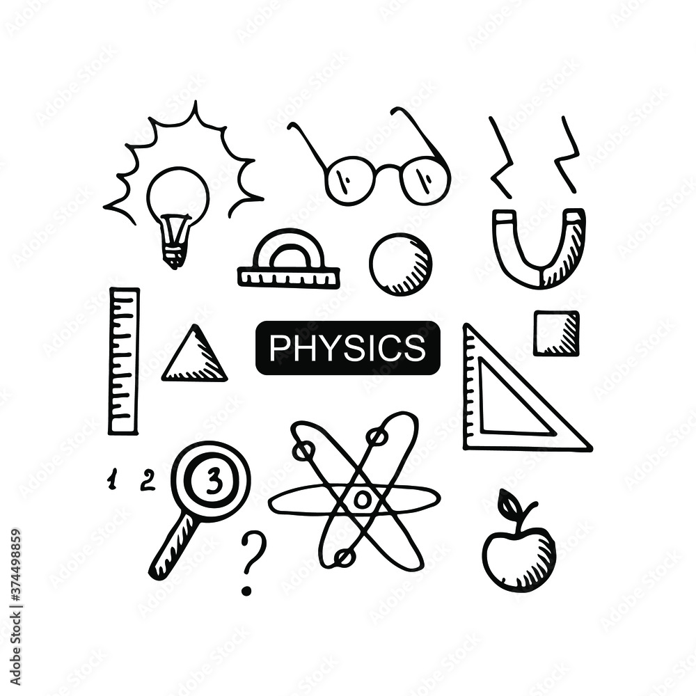 Vector doodle set with many elements. Physics Vector doodle set with many elements. Physics