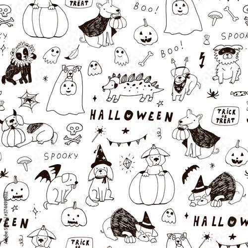 Halloween dogs line hand drawn doodle seamless vector pattern