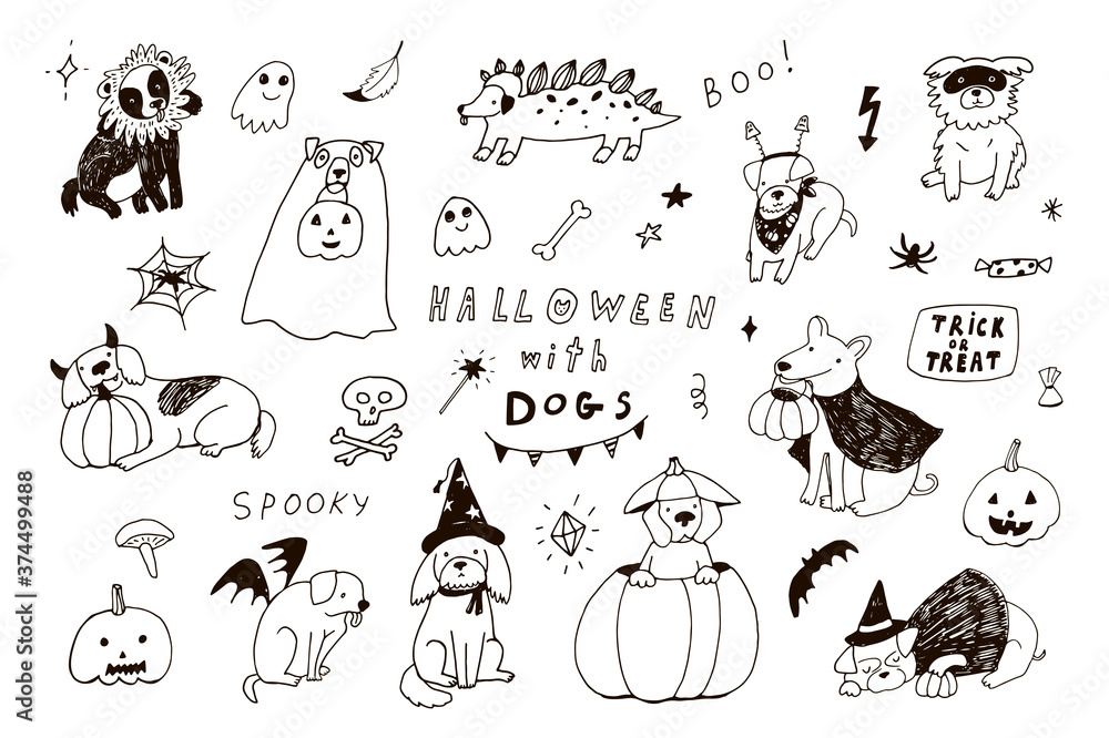 Fototapeta premium Halloween with dogs line hand drawn doodle vector illustrations set