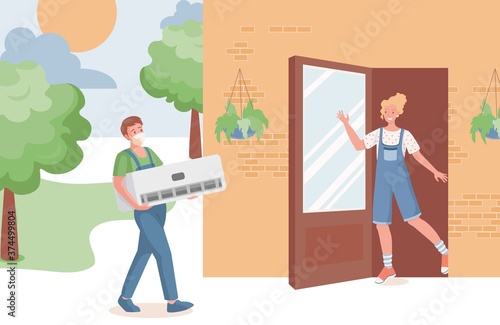 Young repair service professional bring air conditioner to country house vector flat illustration. Smiling woman welcoming air conditioner installation worker. House cooling concept.