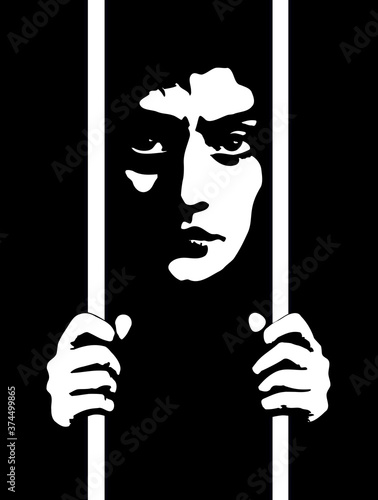 A man in prison behind bars. Vector drawing