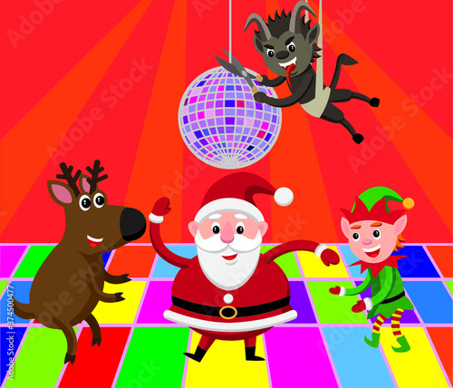 cute cartoon style illustration christmas characters partying while krampus is trying to sabotage the party by cutting the disco ball above