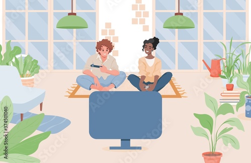 Young happy couple sitting in the living room and playing video games on a game console vector flat illustration. Man and woman spending time together playing with controllers in hands.