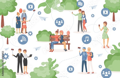 Happy people in city park using wireless internet technology to listen to music, watch videos, sharing files to each other vector flat illustration. Smart city, high speed connection concept.