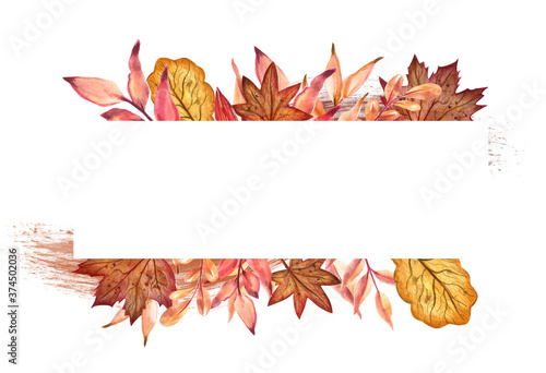 Watercolor painted autumn leaves with white paper banner. Isolated on a white background.