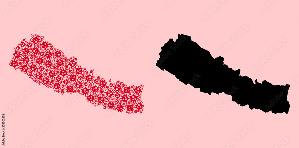 Vector Collage Map of Nepal of Pandemic Virus Particles and Solid Map Vector Collage Map of Nepal of Pandemic Virus Particles and Solid Map