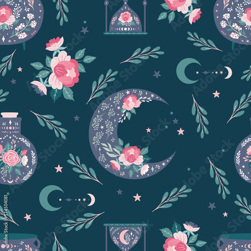 Seamless pattern background, digital paper with mystical moon, enchanting whimsical flowers, celestial patterns design for fabric,wallpaper, gift wrapping, scrapbook paper.