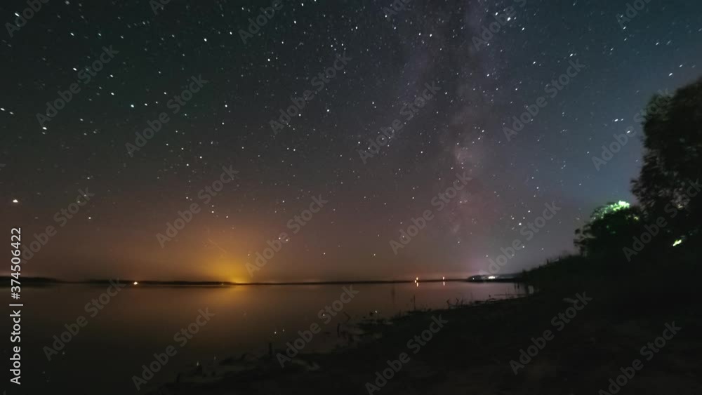 Timelapse of night sky with stars above flat calm lake. Milky way is visible. Space, galaxy, Earth rotating concept Timelapse of night sky with stars above flat calm lake. Milky way is visible. Space, galaxy, Earth rotating concept