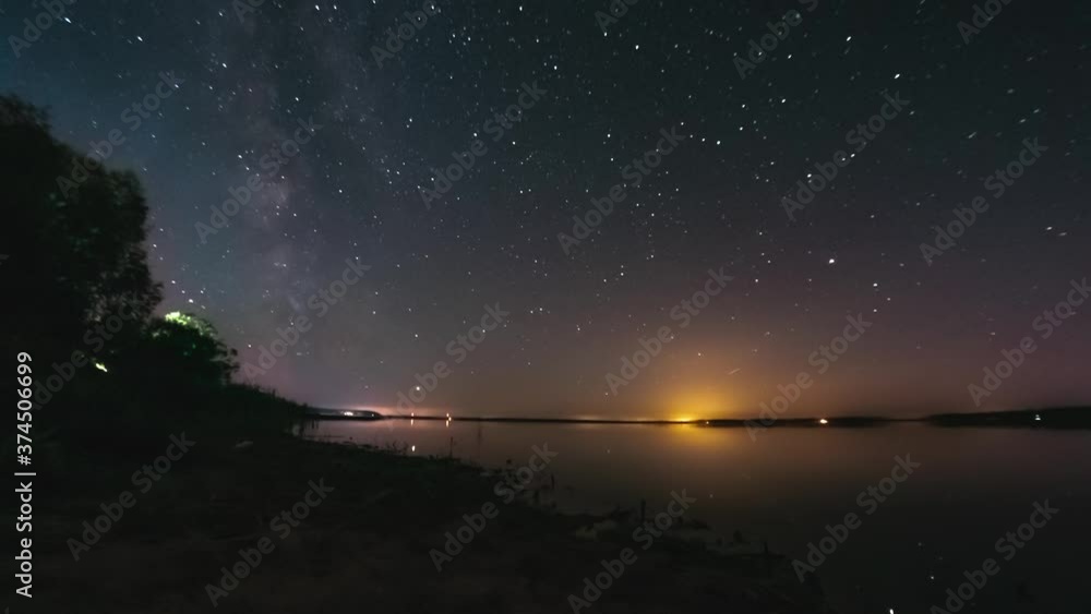 Night sky timelapse with flat calm lake. Milky way is visible in starry sky. Space, galaxy, earth moving Night sky timelapse with flat calm lake. Milky way is visible in starry sky. Space, galaxy, earth moving