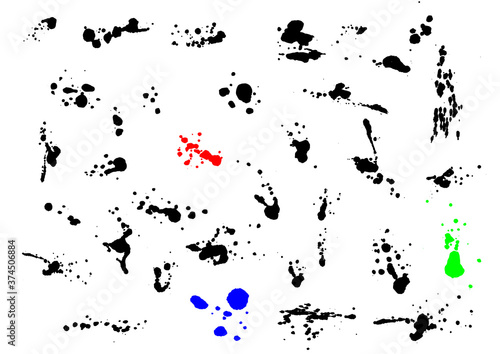 Vector black and white ink splash, blot and brush stroke, spot, spray, smudge, spatter, splatter, drip, drop, ink blob Grunge textured elements for design, background.