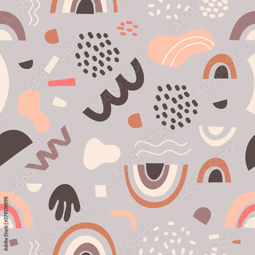 Vector seamless scandinavian pattern with abstract shapes. Neutral abstract chaotic ornament. Nude and black colors of modern stylish background for wallpaper, posters, wrapping paper, textiles