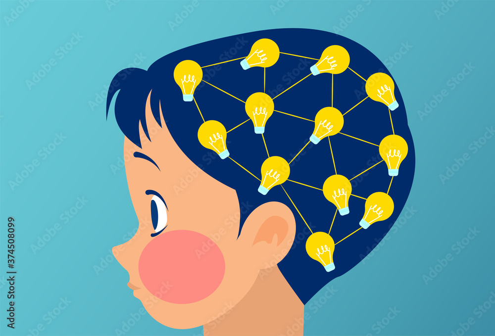 Vector of a little boy, child brain with light bulb connections Stock ...